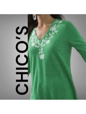 CHICO’S 100% Linen Emerald Green 3/4 Sleeve Embroidered Sequined Top US Sz L